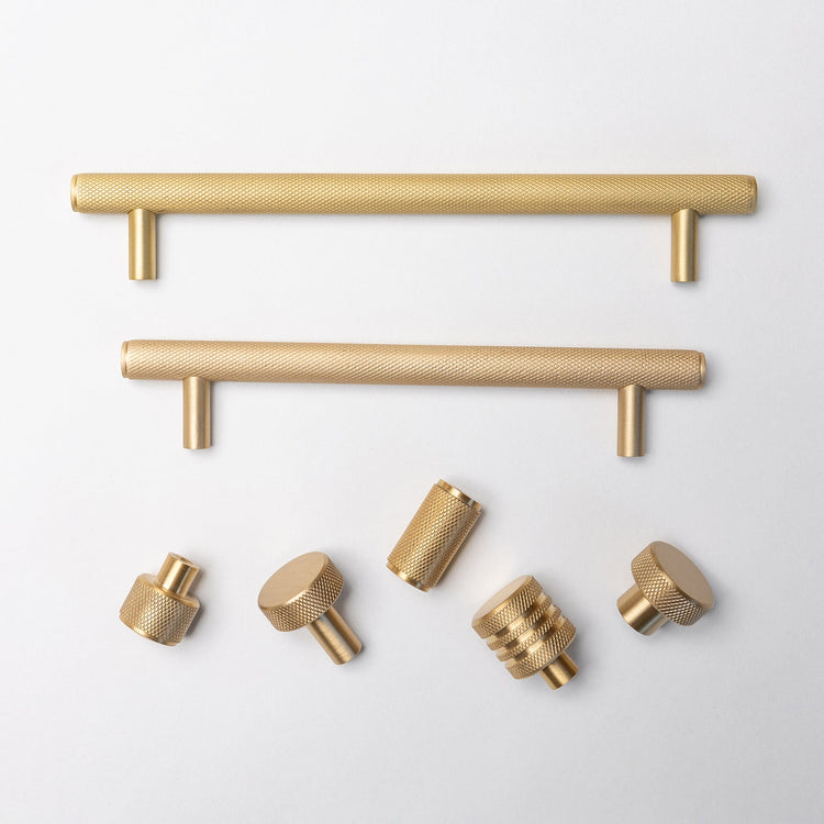 Solid Brass Knurled Kitchen Pull Handles & Knobs - Satin Brass