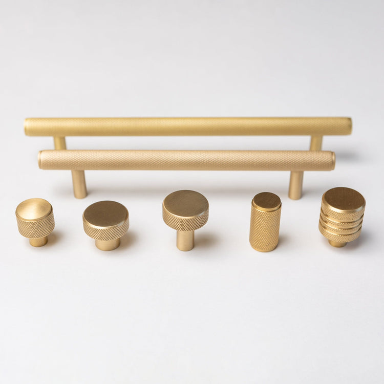 Solid Brass Knurled Kitchen Pull Handles & Knobs - Satin Brass