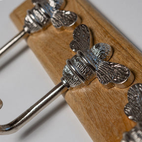 Wooden Hook Rack - 3 x Brass bee Coat Hook - Nickel Finish - Iron - Brass bee