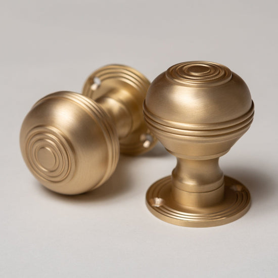 Solid Brass Door Knobs - Ringed Satin Brass (Pair) | Thumbturns & Latches - Brass bee