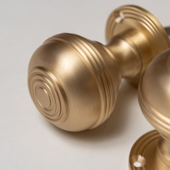 Solid Brass Door Knobs - Ringed Satin Brass (Pair) | Thumbturns & Latches - Brass bee