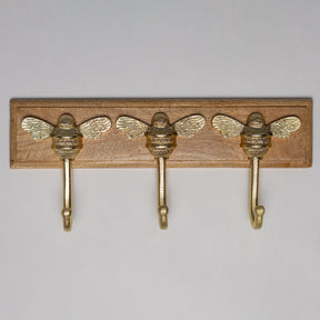 Wooden Hook Rack - 3 x Brass bee Coat Hook - Brass Finish - Iron - Brass bee