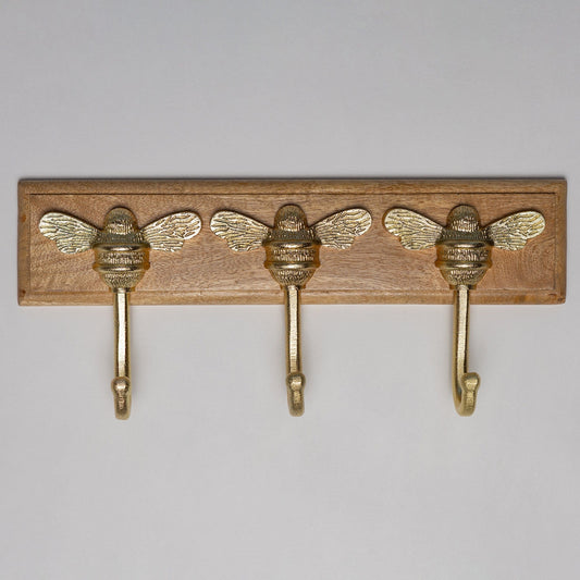 Wooden Hook Rack - 3 x Brass bee Coat Hook - Brass Finish - Iron