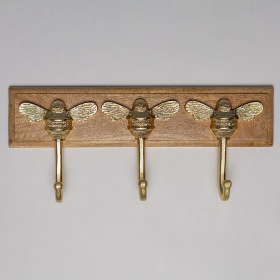 Wooden Hook Rack - 3 x Brass bee Coat Hook - Brass Finish - Iron - Brass bee