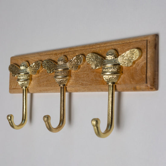 Wooden Hook Rack - 3 x Brass bee Coat Hook - Brass Finish - Iron - Brass bee