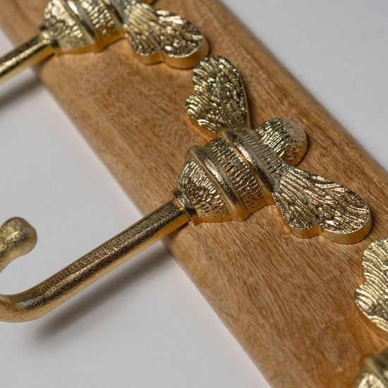 Wooden Hook Rack - 3 x Brass bee Coat Hook - Brass Finish - Iron - Brass bee