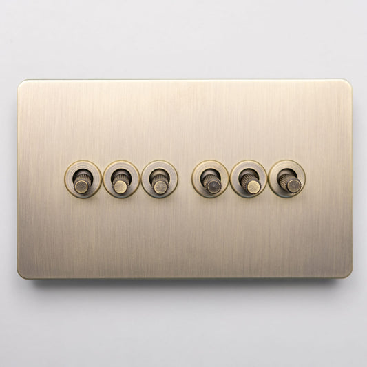Straight Knurled 6 Gang 2 Way Toggle Switch 146x88mm – Antique Brass