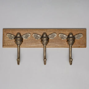 Wooden Hook Rack - 3 x Brass bee Coat Hook - Antique Brass Finish - Solid Brass - Brass bee
