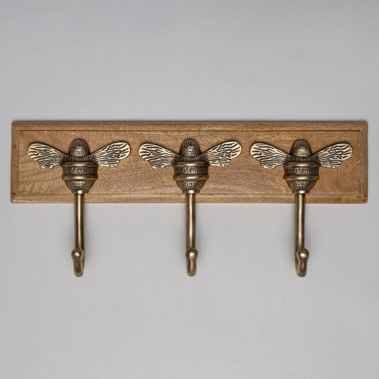 Wooden Hook Rack - 3 x Brass bee Coat Hook - Antique Brass Finish - Solid Brass - Brass bee