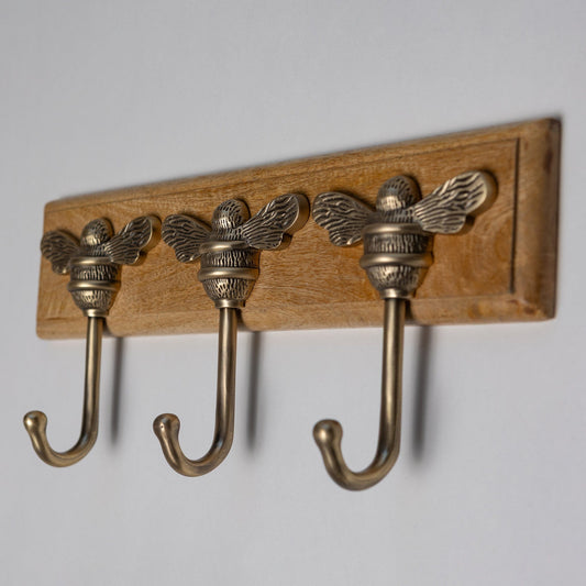 Wooden Hook Rack - 3 x Brass bee Coat Hook - Antique Brass Finish - Solid Brass