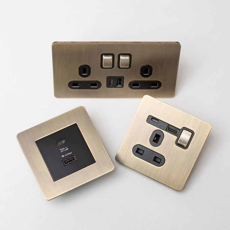 Antique Brass Switches and Sockets - Straight Knurled Design