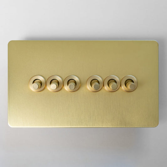 Straight Knurled 6 Gang 2 Way Toggle Switch 146x88mm – Satin Brass