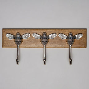 Wooden Hook Rack - 3 x Brass bee Coat Hook - Nickel Finish - Solid Brass - Brass bee