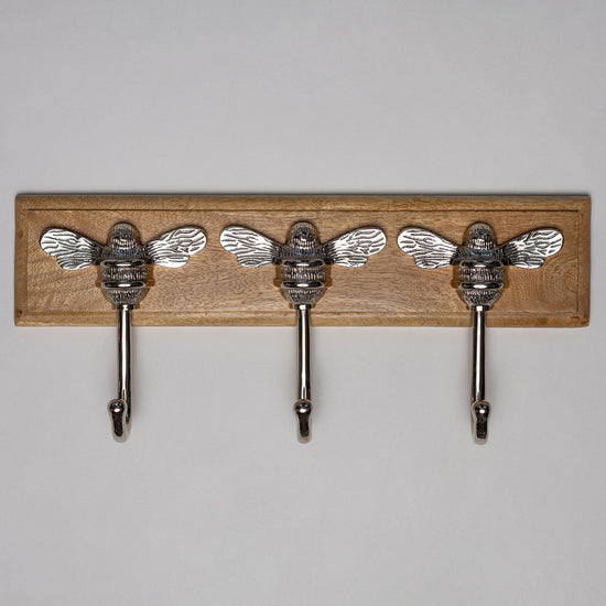 Wooden Hook Rack - 3 x Brass bee Coat Hook - Nickel Finish - Solid Brass - Brass bee