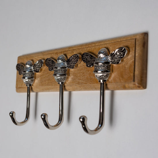 Wooden Hook Rack - 3 x Brass bee Coat Hook - Nickel Finish - Solid Brass - Brass bee