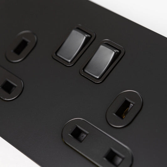 Double 13A Switched Socket in Black – Brass Bee