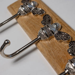 Wooden Hook Rack - 3 x Brass bee Coat Hook - Nickel Finish - Solid Brass - Brass bee