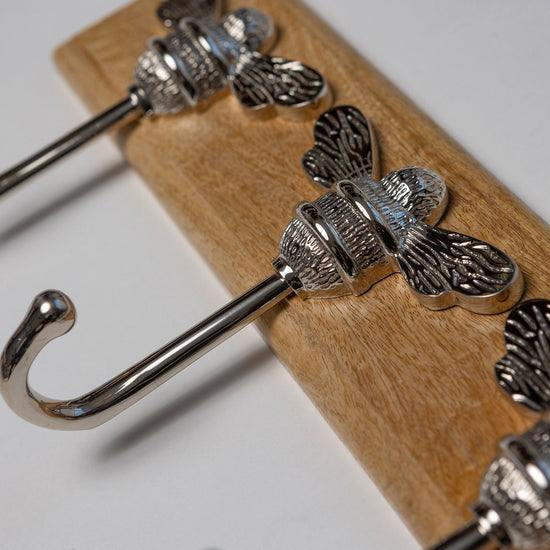 Wooden Hook Rack - 3 x Brass bee Coat Hook - Nickel Finish - Solid Brass - Brass bee