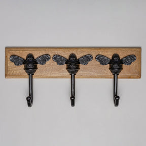 Wooden Hook Rack - 3 x Brass bee Coat Hook - Black Finish - Iron - Brass bee