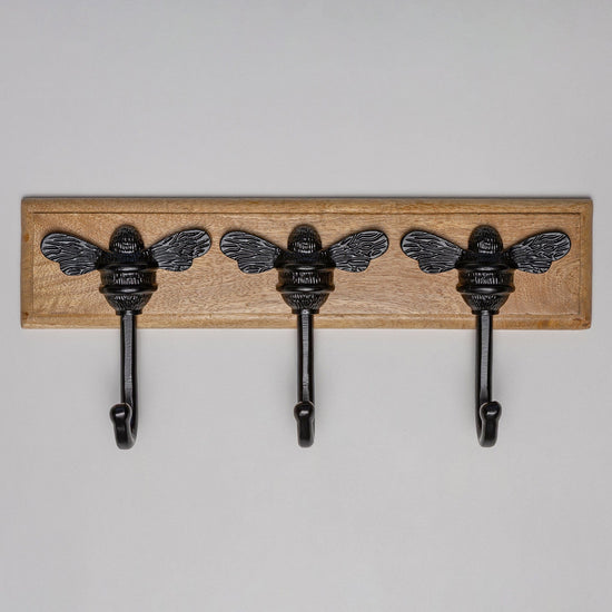 Wooden Hook Rack - 3 x Brass bee Coat Hook - Black Finish - Iron - Brass bee