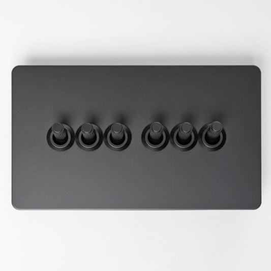 Straight Knurled 6 Gang 2 Way Toggle Switch 146x88mm – Black