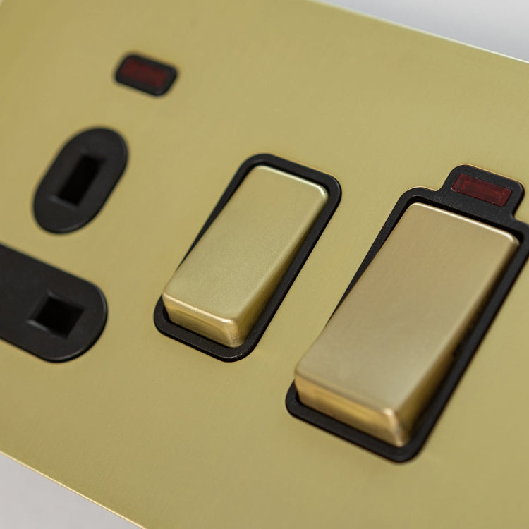 Satin Brass Switches and Sockets - Straight Knurled Design