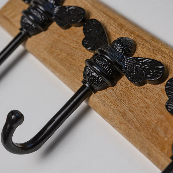 Wooden Hook Rack - 3 x Brass bee Coat Hook - Black Finish - Iron - Brass bee