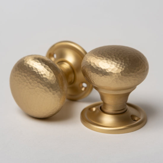 Solid Brass Door Knobs - Hammered Satin Brass (Pair) | Thumbturns & Latches - Brass bee