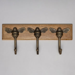 Wooden Hook Rack - 3 x Brass bee Coat Hook - Heritage Finish - Iron - Brass bee
