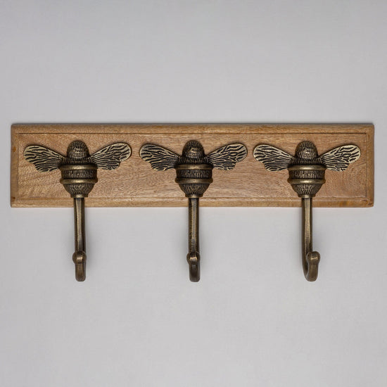 Wooden Hook Rack - 3 x Brass bee Coat Hook - Heritage Finish - Iron - Brass bee