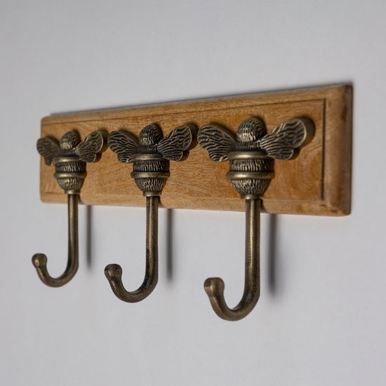 Wooden Hook Rack - 3 x Brass bee Coat Hook - Heritage Finish - Iron - Brass bee