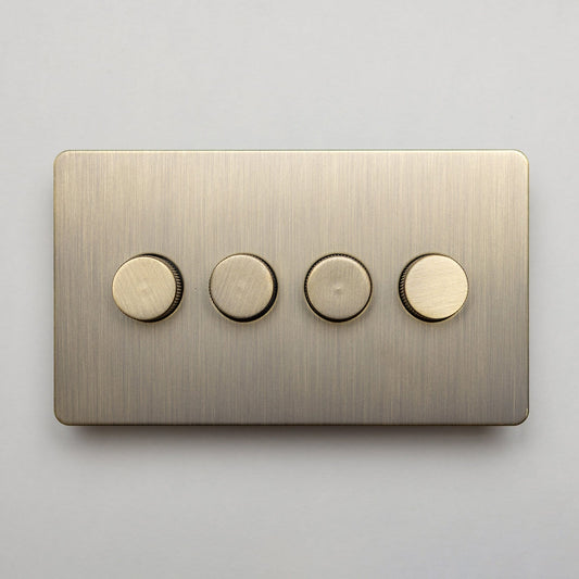 Straight Knurled 4 Gang 2 Way Leading Edge Dimmer Switch in Antique Brass – Brass Bee