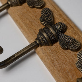 Wooden Hook Rack - 3 x Brass bee Coat Hook - Heritage Finish - Iron - Brass bee