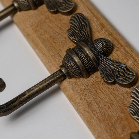 Wooden Hook Rack - 3 x Brass bee Coat Hook - Heritage Finish - Iron - Brass bee