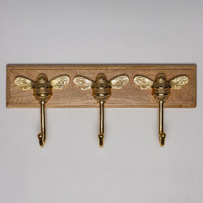 Wooden Hook Rack - 3 x Brass bee Coat Hook - Polished Brass Finish - Solid Brass - Brass bee