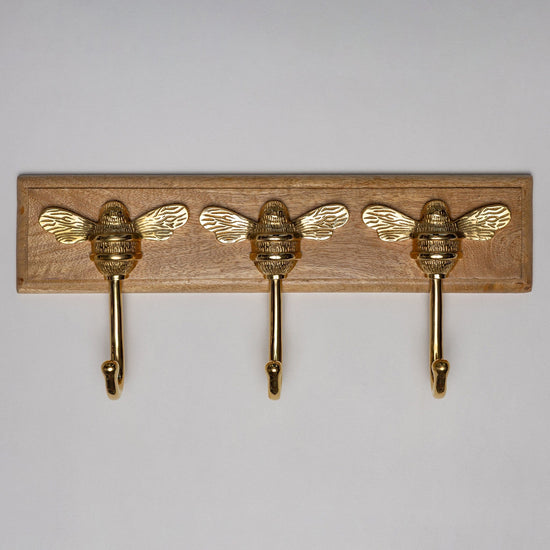 Wooden Hook Rack - 3 x Brass bee Coat Hook - Polished Brass Finish - Solid Brass - Brass bee