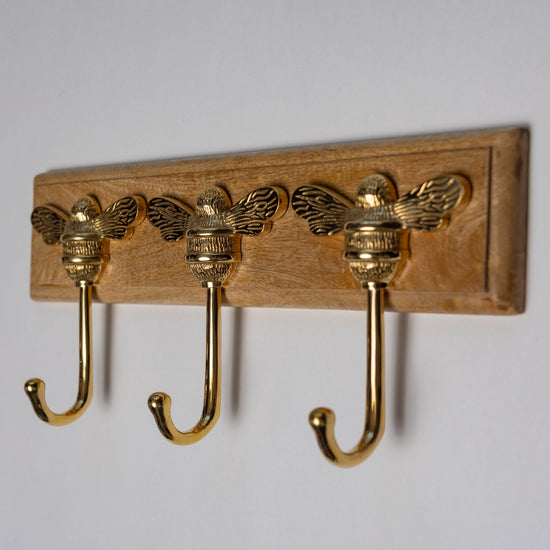 Wooden Hook Rack - 3 x Brass bee Coat Hook - Polished Brass Finish - Solid Brass - Brass bee