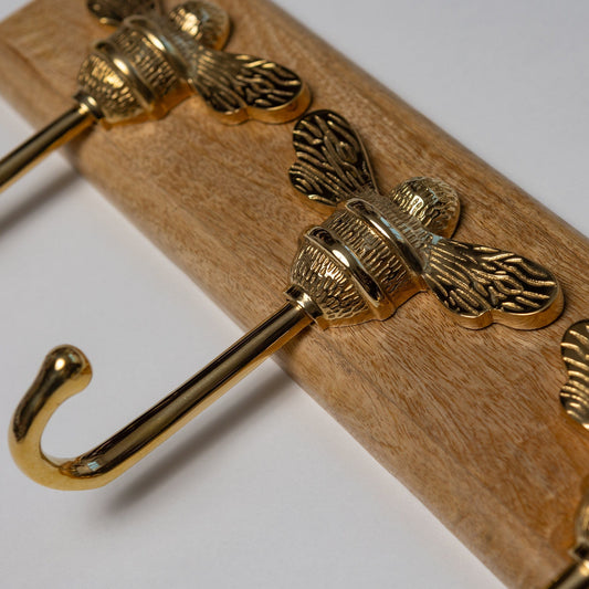 Wooden Hook Rack - 3 x Brass bee Coat Hook - Polished Brass Finish - Solid Brass