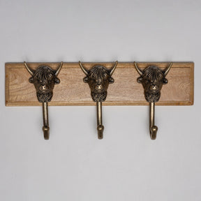 Wooden Hook Rack - 3 x Highland Cow Coat Hook - Heritage Finish - Brass bee