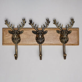 Wooden Hook Rack - 3 x Highland Stag Coat Hook - Heritage Finish - Brass bee