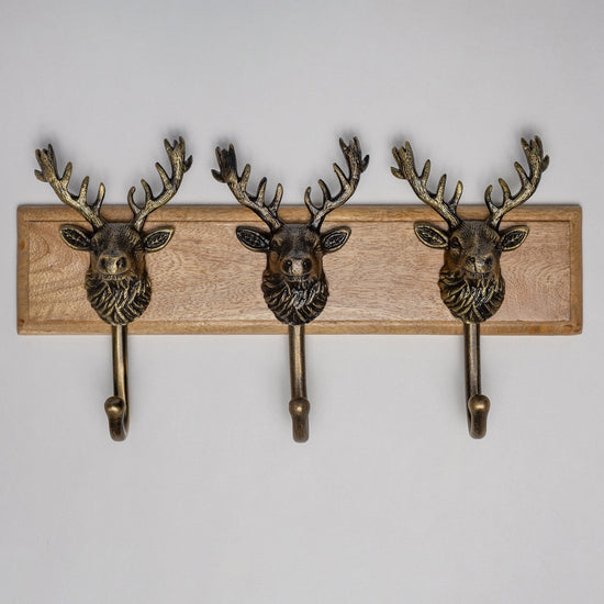 Wooden Hook Rack - 3 x Highland Stag Coat Hook - Heritage Finish - Brass bee