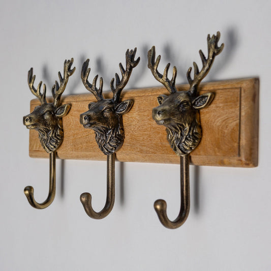 Wooden Hook Rack - 3 x Highland Stag Coat Hook - Heritage Finish