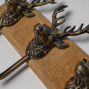 Wooden Hook Rack - 3 x Highland Stag Coat Hook - Heritage Finish - Brass bee