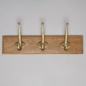 Wooden Hook Rack - 3 x Oval Coat Hook - Satin Brass Finish - Brass bee