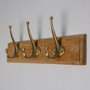 Wooden Hook Rack - 3 x Oval Coat Hook - Satin Brass Finish - Brass bee