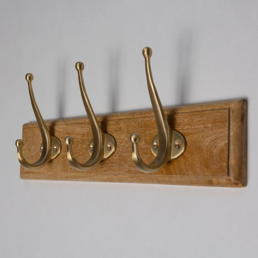Wooden Hook Rack - 3 x Oval Coat Hook - Satin Brass Finish