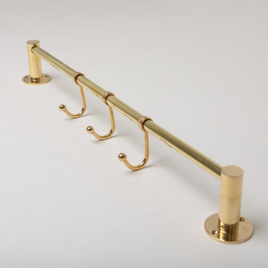 Polished Brass Hook Rail with 3 Brass hooks - Solid Brass - Brass bee