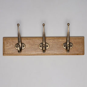 Wooden Hook Rack - 3 x Oval Coat Hook - Antique Brass Finish - Brass bee