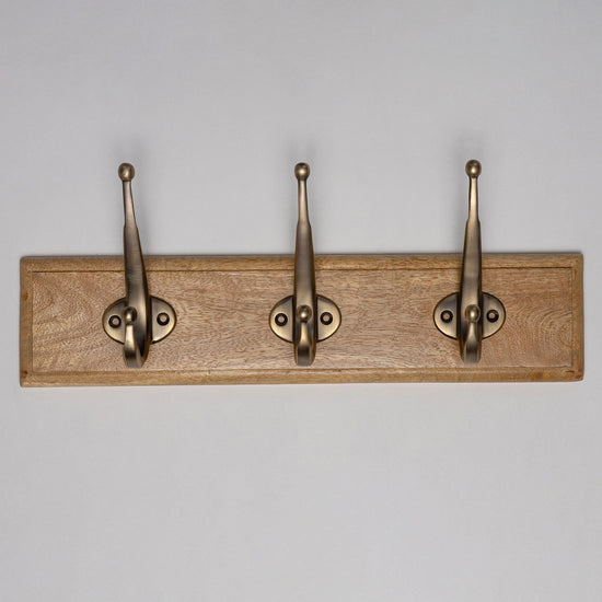 Wooden Hook Rack - 3 x Oval Coat Hook - Antique Brass Finish - Brass bee
