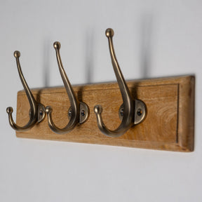 Wooden Hook Rack - 3 x Oval Coat Hook - Antique Brass Finish - Brass bee